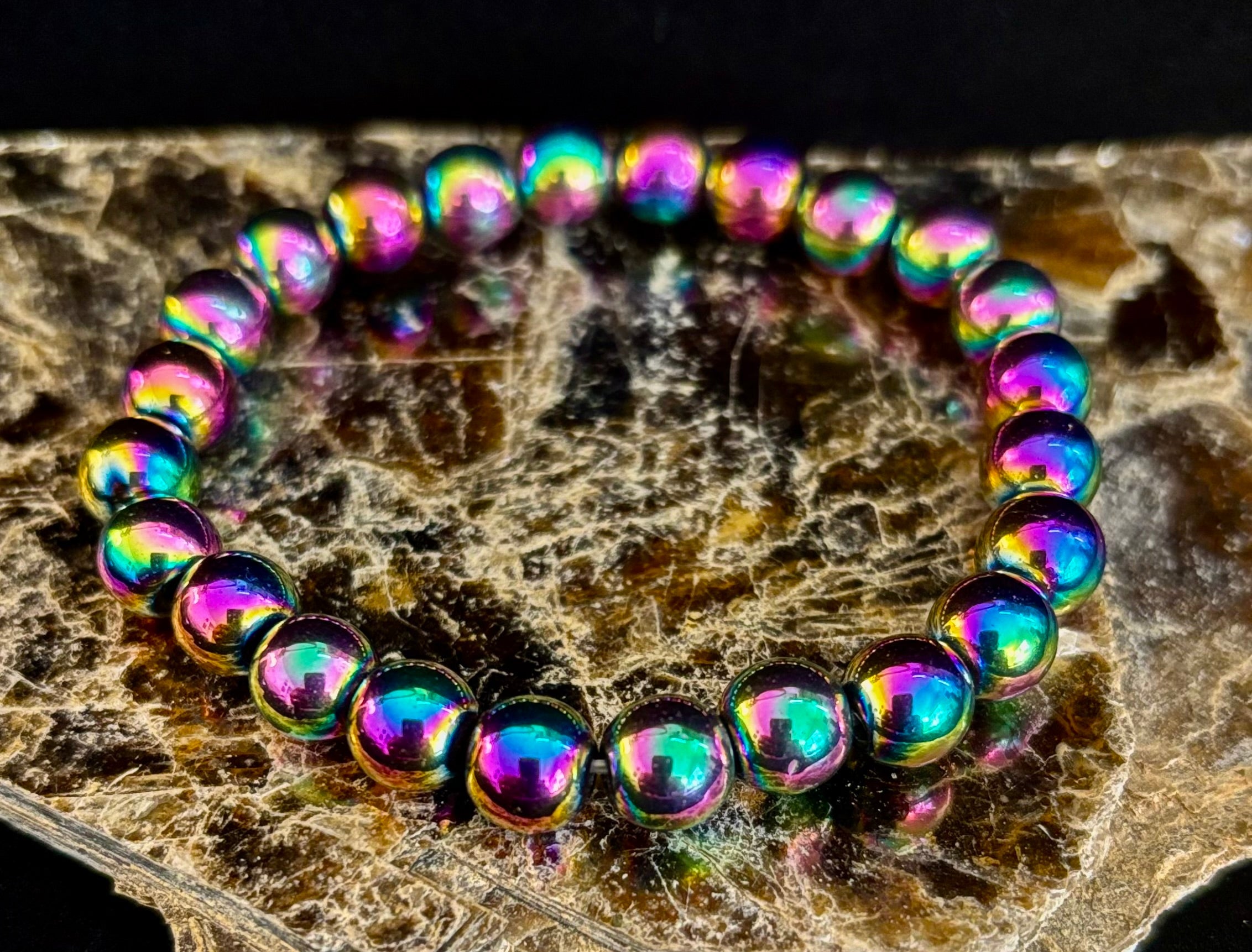 Rainbow Hematite Round Beaded Bracelet – LGBTQ Pride & Strength for Medium or Large Wrists | | Wiccan Center