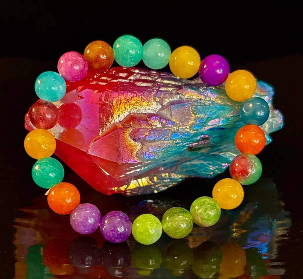 Rainbow Multi Jade Stretch Bracelet for Kids – 16cm | Colorful Energy & Gentle Protection | | Wiccan Center
