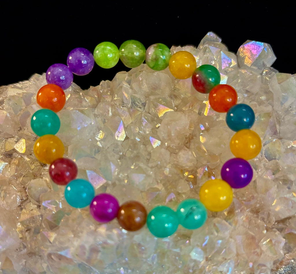 Rainbow Multi Jade Stretch Bracelet for Kids – 16cm | Colorful Energy & Gentle Protection | | Wiccan Center