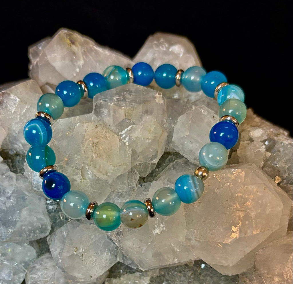 Blue Striped Agate Bracelet – Calming Energy for Small to Medium Wrists | | Wiccan Center