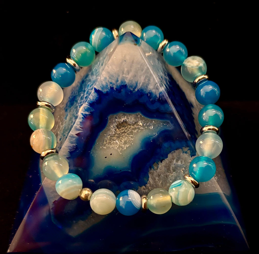 Blue Striped Agate Bracelet – Calming Energy for Small to Medium Wrists | | Wiccan Center