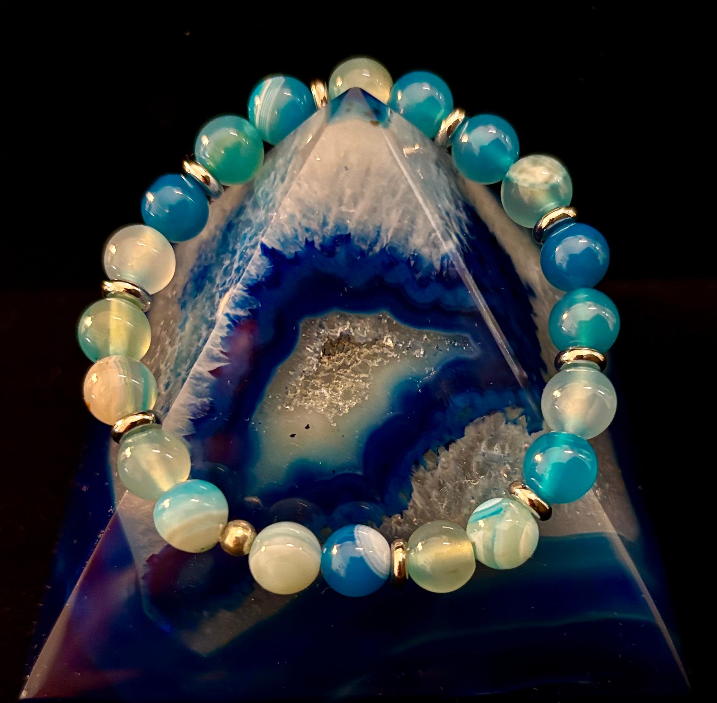 Blue Striped Agate Bracelet – Calming Energy for Small to Medium Wrists | | Wiccan Center