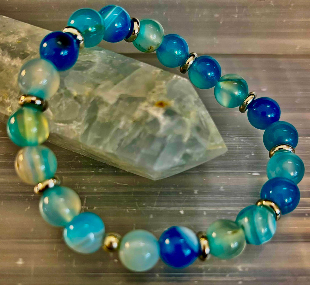 Blue Striped Agate Bracelet – Calming Energy for Small to Medium Wrists | | Wiccan Center
