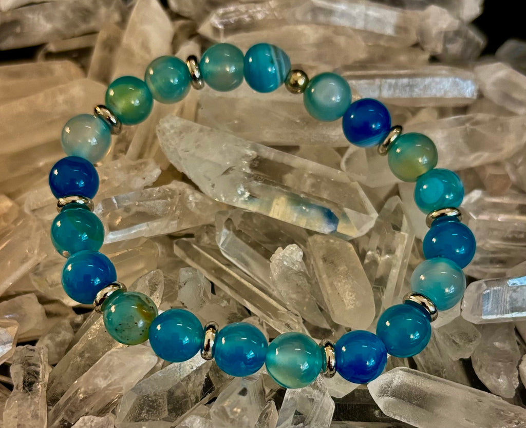 Blue Striped Agate Bracelet – Calming Energy for Small to Medium Wrists | | Wiccan Center