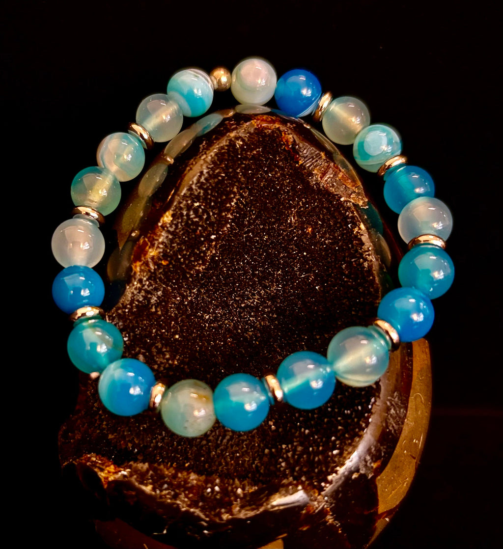 Blue Striped Agate Bracelet – Calming Energy for Small to Medium Wrists | | Wiccan Center