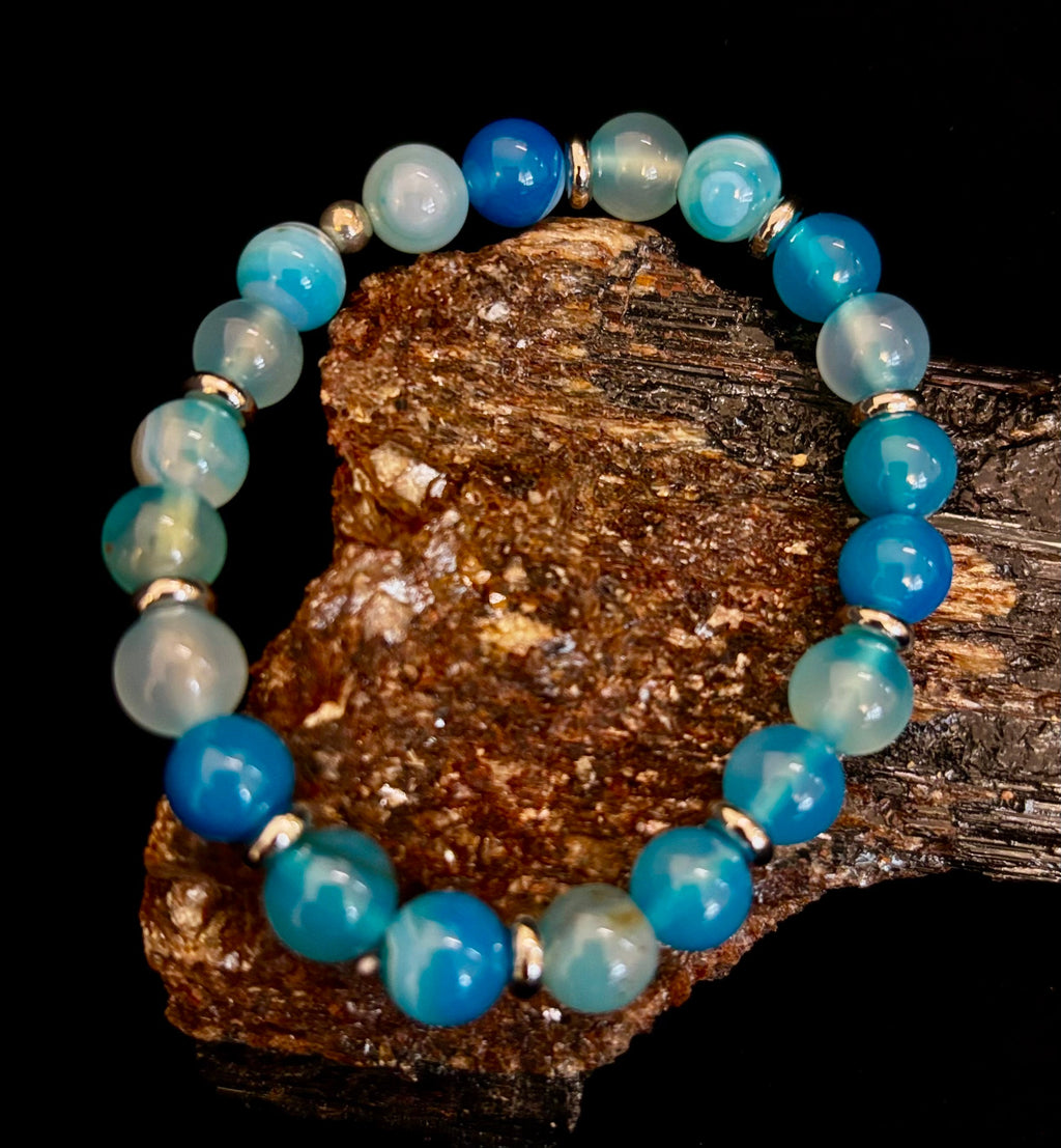 Blue Striped Agate Bracelet – Calming Energy for Small to Medium Wrists | | Wiccan Center