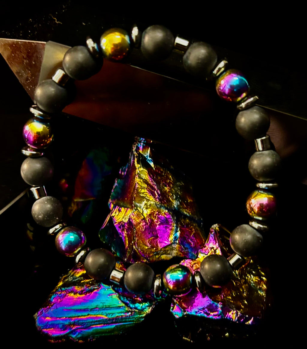 Hematite and Natural Stone Unisex Stretch Bracelet – Medium Fit, Sleek Fusion Style | | Wiccan Center