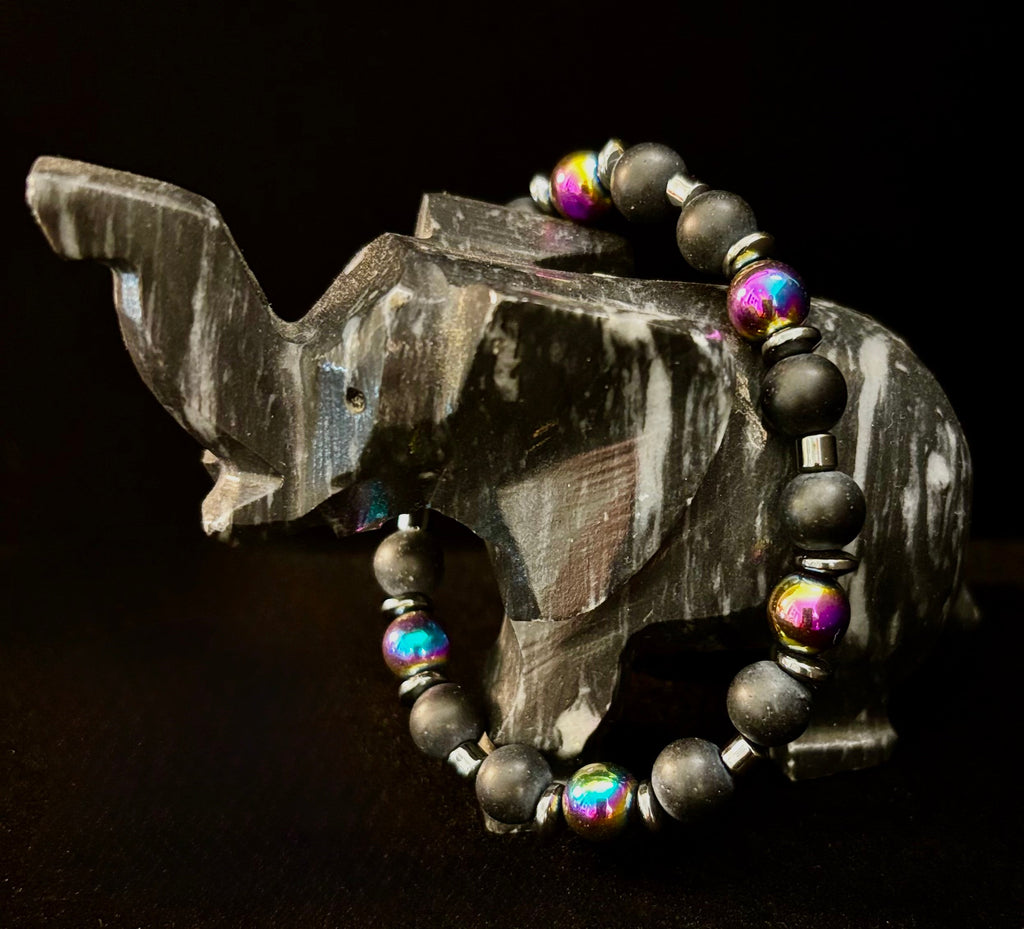 Hematite and Natural Stone Unisex Stretch Bracelet – Medium Fit, Sleek Fusion Style | | Wiccan Center