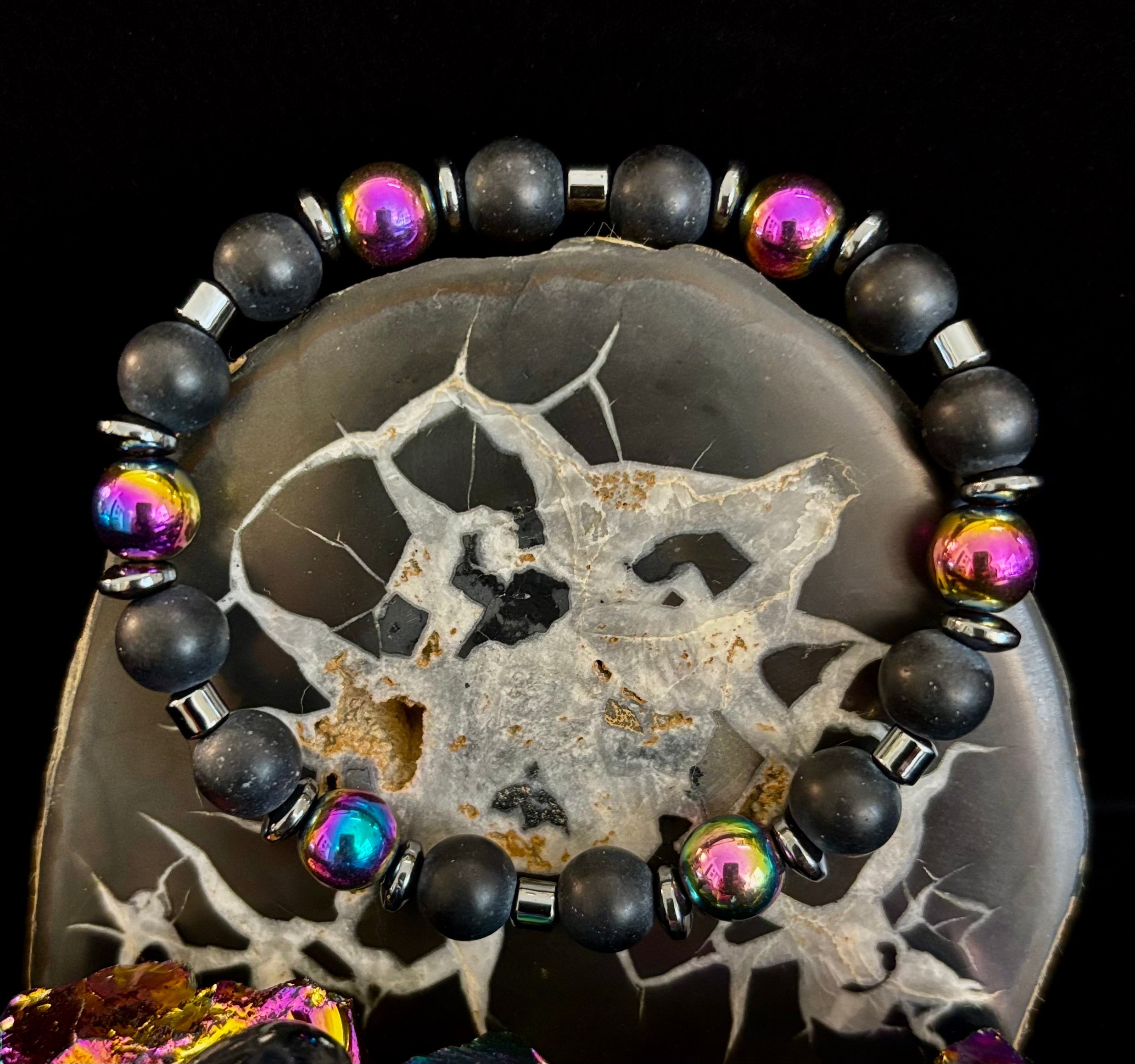 Hematite and Natural Stone Unisex Stretch Bracelet – Medium Fit, Sleek Fusion Style | | Wiccan Center