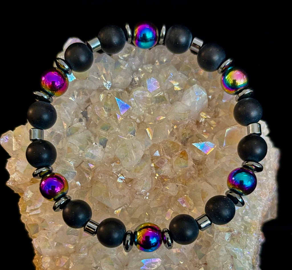 Hematite and Natural Stone Unisex Stretch Bracelet – Medium Fit, Sleek Fusion Style | | Wiccan Center