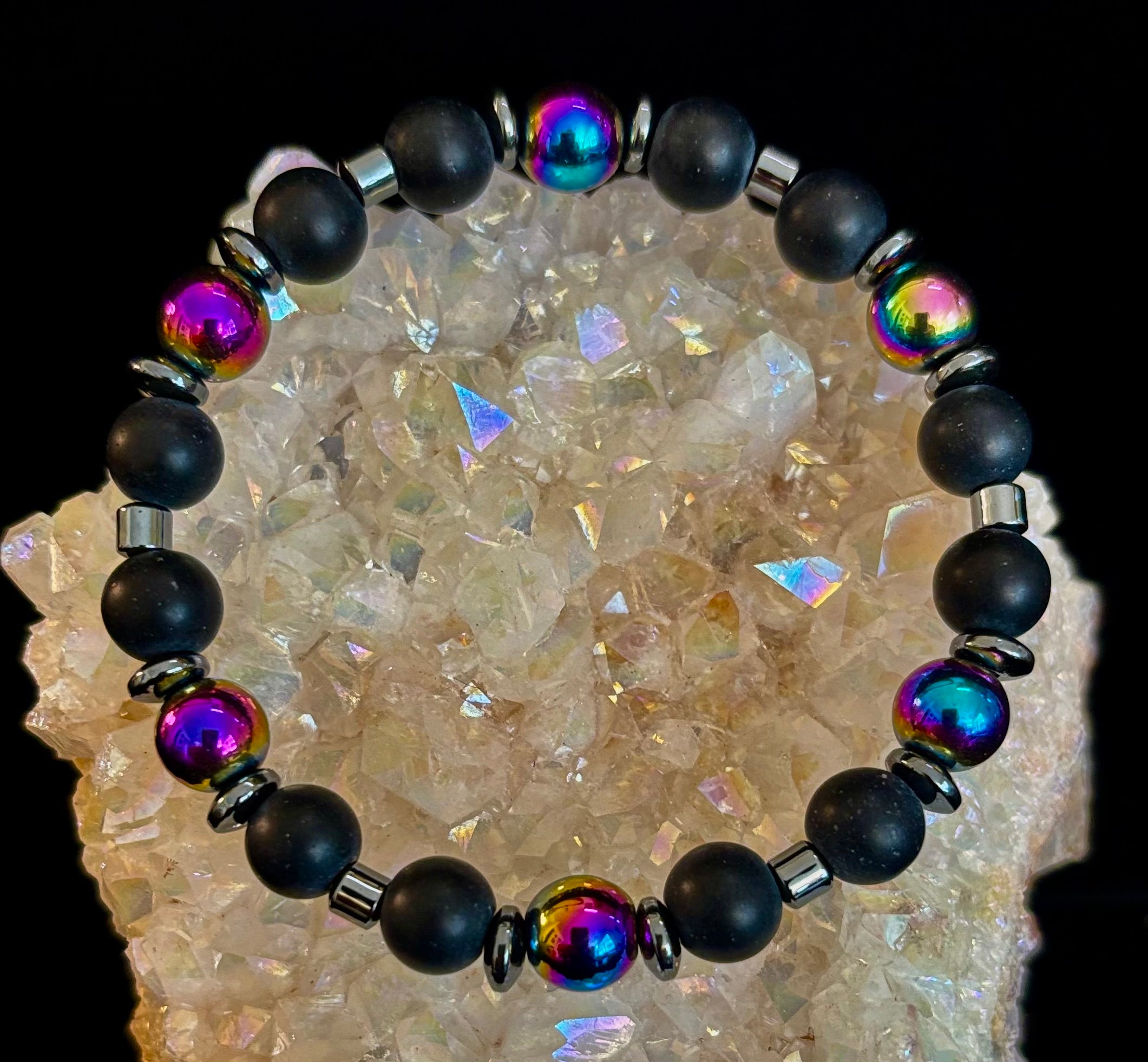 Hematite and Natural Stone Unisex Stretch Bracelet – Medium Fit, Sleek Fusion Style | | Wiccan Center
