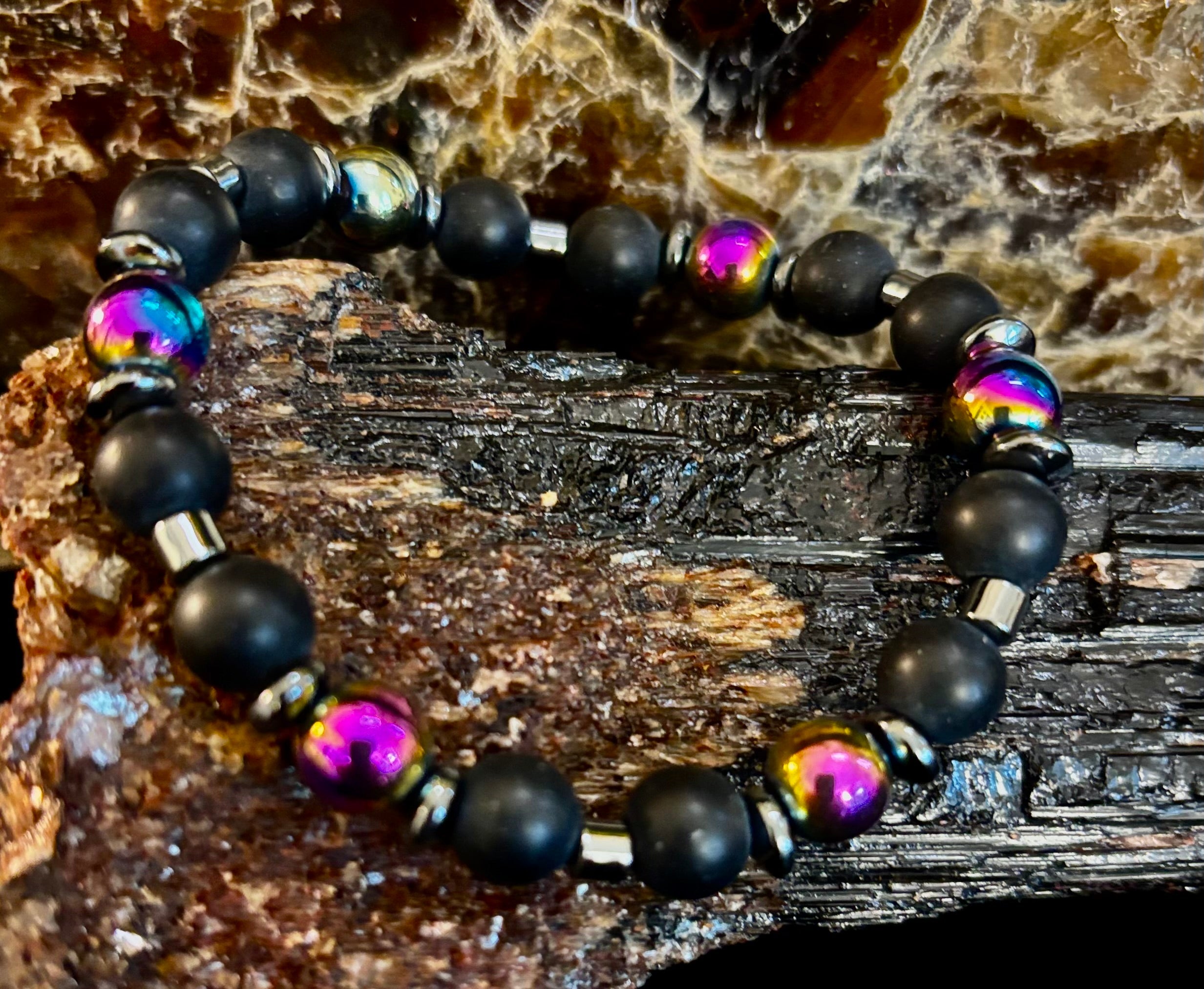 Hematite and Natural Stone Unisex Stretch Bracelet – Medium Fit, Sleek Fusion Style | | Wiccan Center