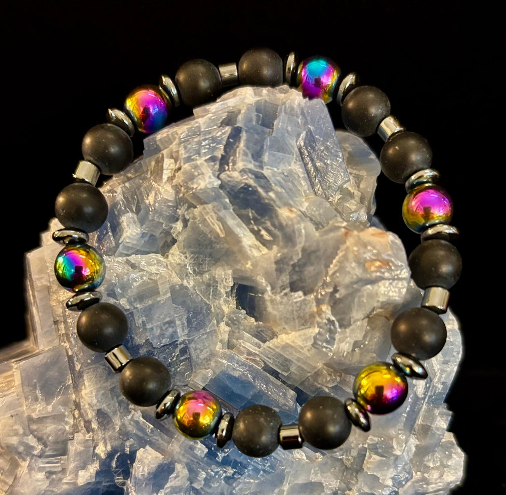 Hematite and Natural Stone Unisex Stretch Bracelet – Medium Fit, Sleek Fusion Style | | Wiccan Center