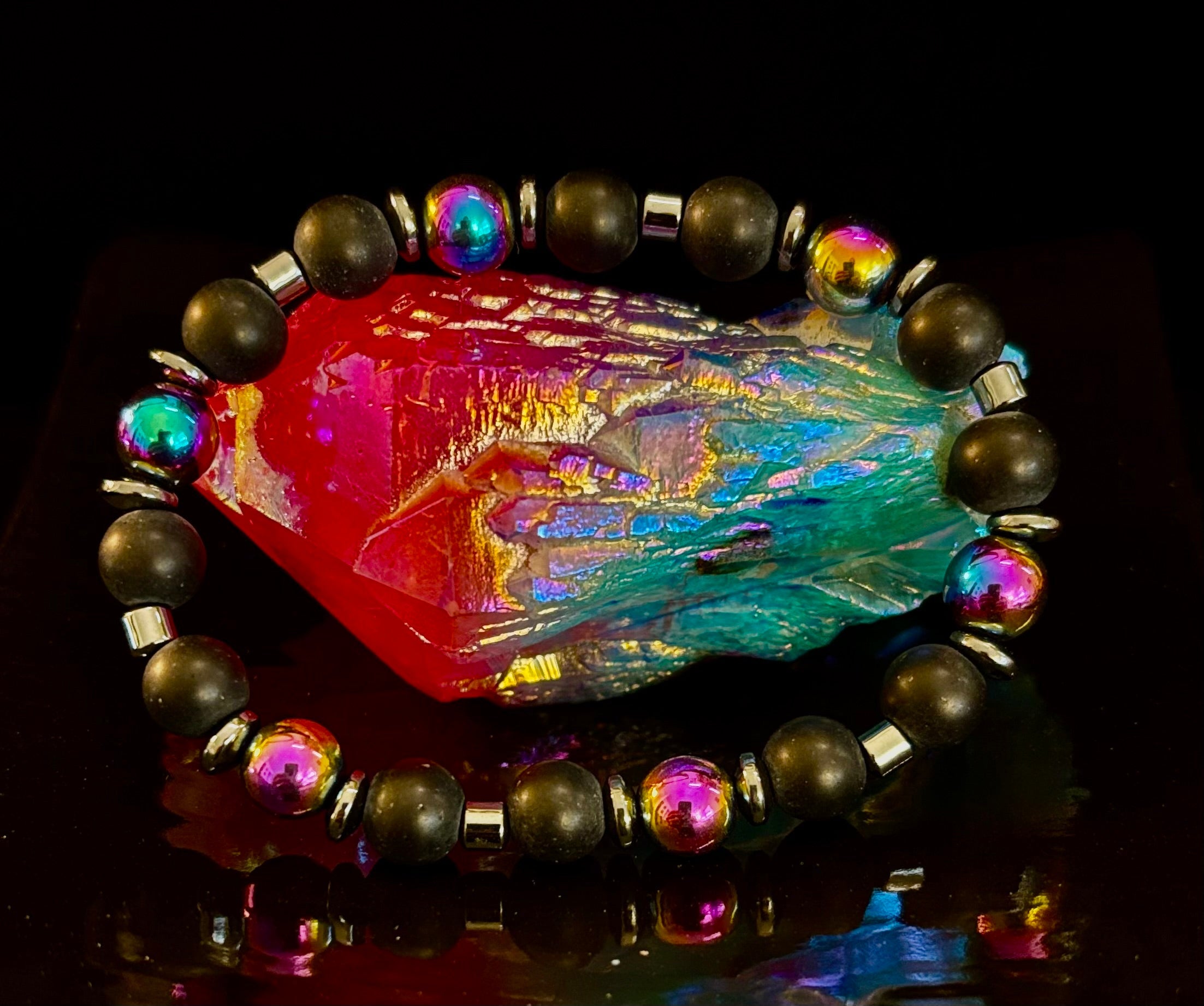 Hematite and Natural Stone Unisex Stretch Bracelet – Medium Fit, Sleek Fusion Style | | Wiccan Center