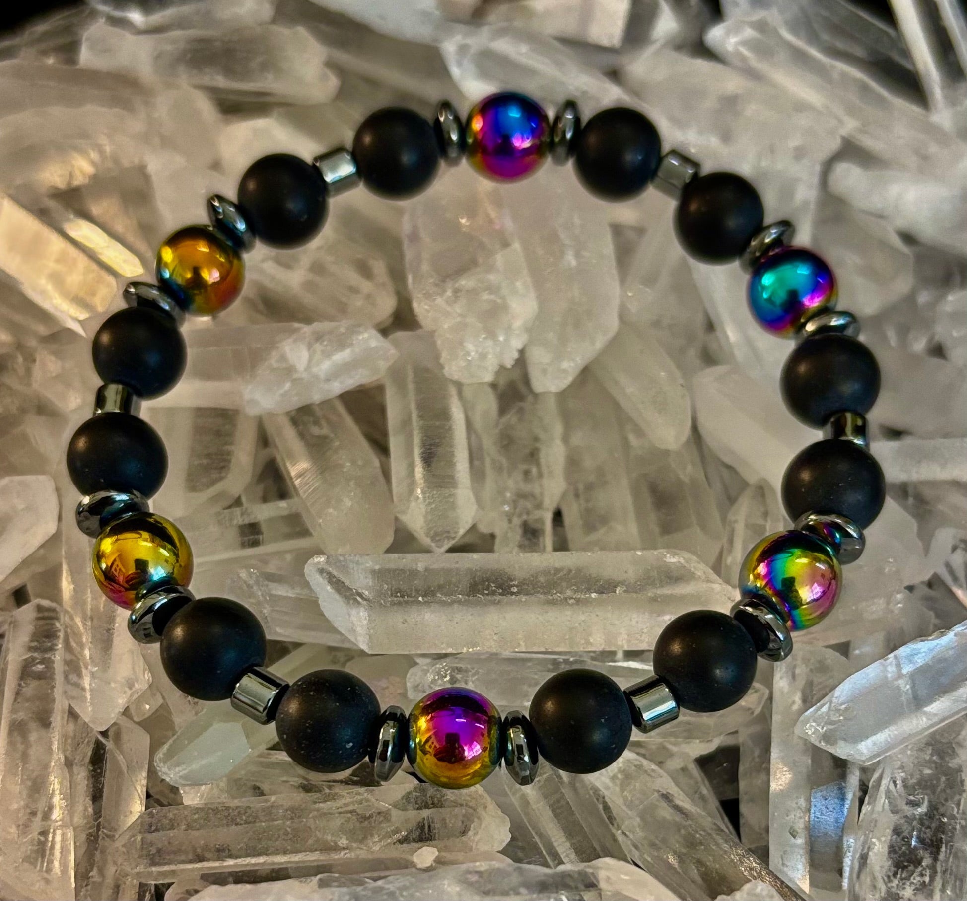 Hematite and Natural Stone Unisex Stretch Bracelet – Medium Fit, Sleek Fusion Style | | Wiccan Center