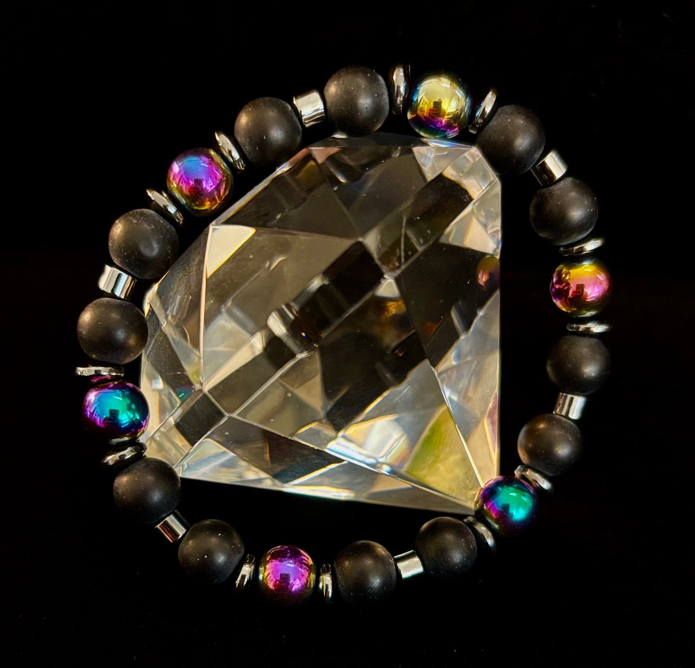 Hematite and Natural Stone Unisex Stretch Bracelet – Medium Fit, Sleek Fusion Style | | Wiccan Center