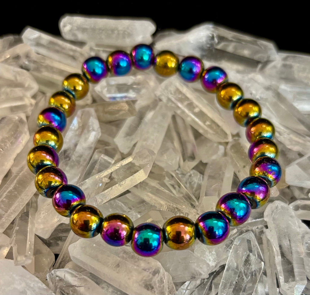Rainbow Hematite Round Beaded Bracelet – LGBTQ Pride & Strength for Medium or Large Wrists | | Wiccan Center