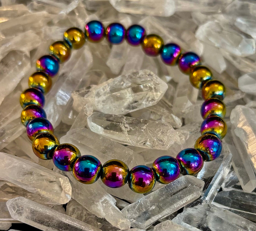 Rainbow Hematite Round Beaded Bracelet – LGBTQ Pride & Strength for Medium or Large Wrists | | Wiccan Center