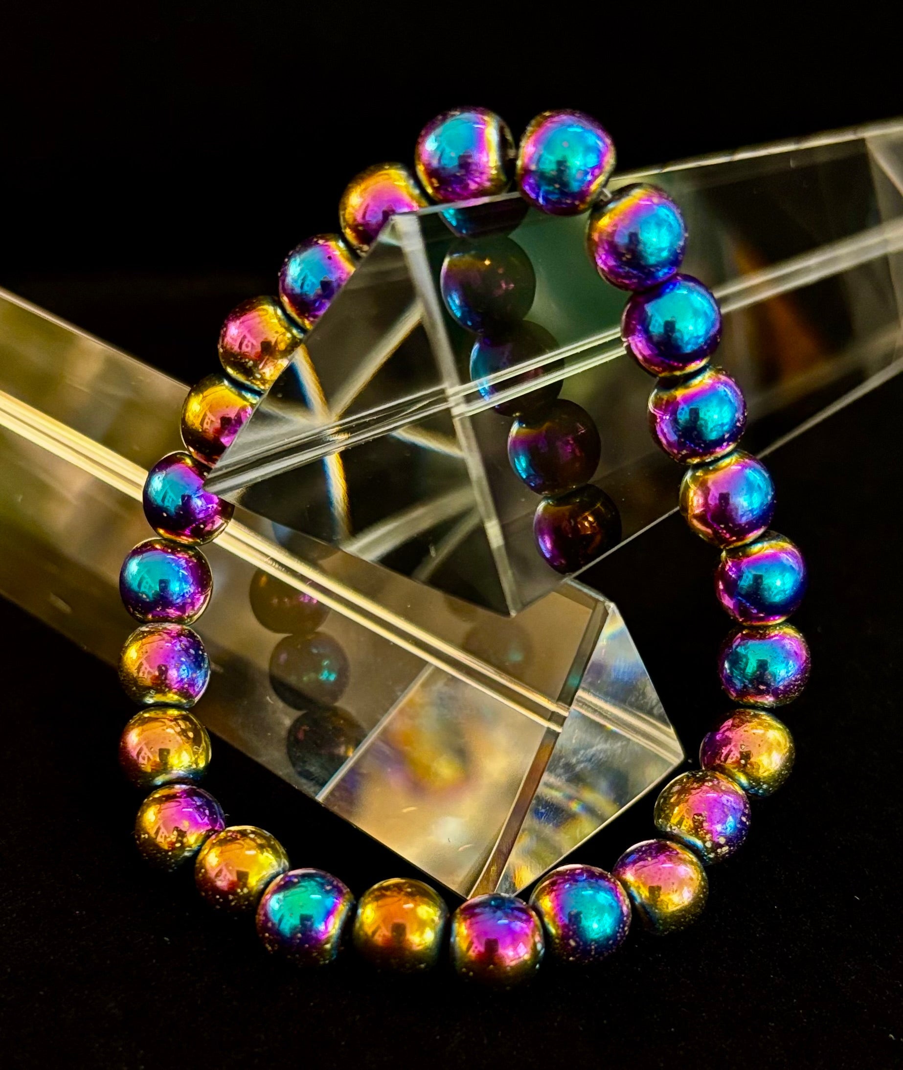 Rainbow Hematite Round Beaded Bracelet – LGBTQ Pride & Strength for Medium or Large Wrists | | Wiccan Center