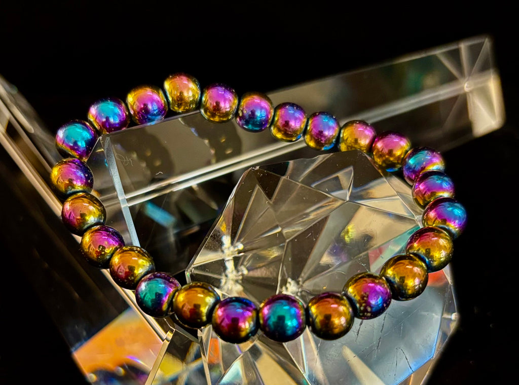 Rainbow Hematite Round Beaded Bracelet – LGBTQ Pride & Strength for Medium or Large Wrists | | Wiccan Center