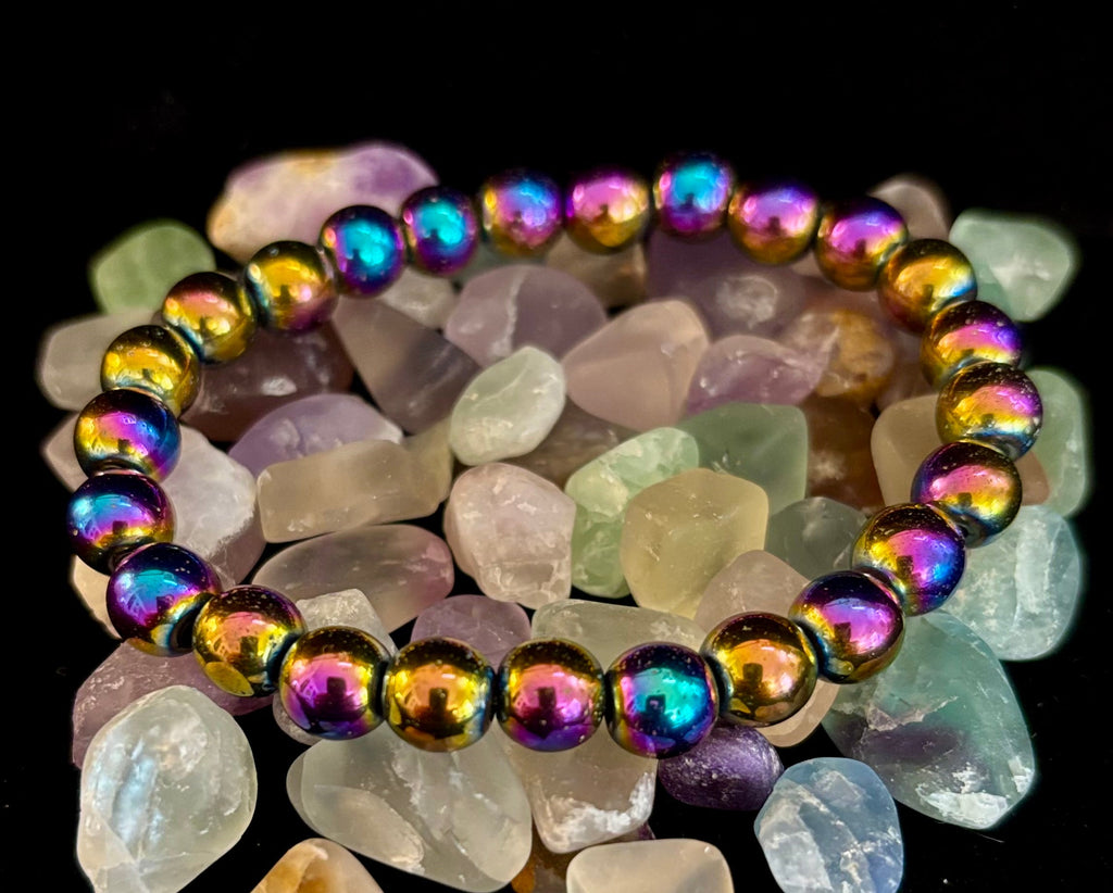 Rainbow Hematite Round Beaded Bracelet – LGBTQ Pride & Strength for Medium or Large Wrists | | Wiccan Center