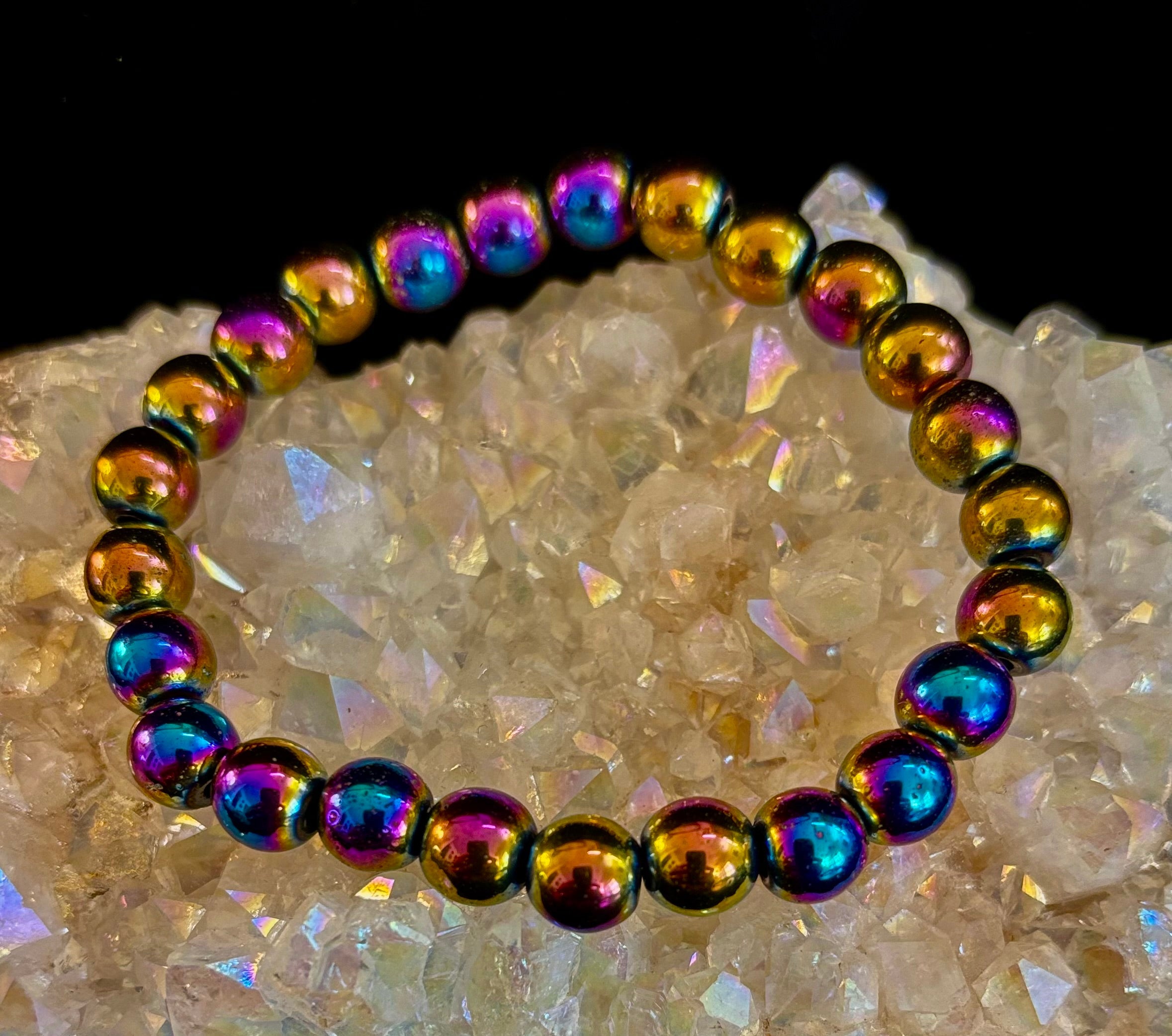 Rainbow Hematite Round Beaded Bracelet – LGBTQ Pride & Strength for Medium or Large Wrists | | Wiccan Center