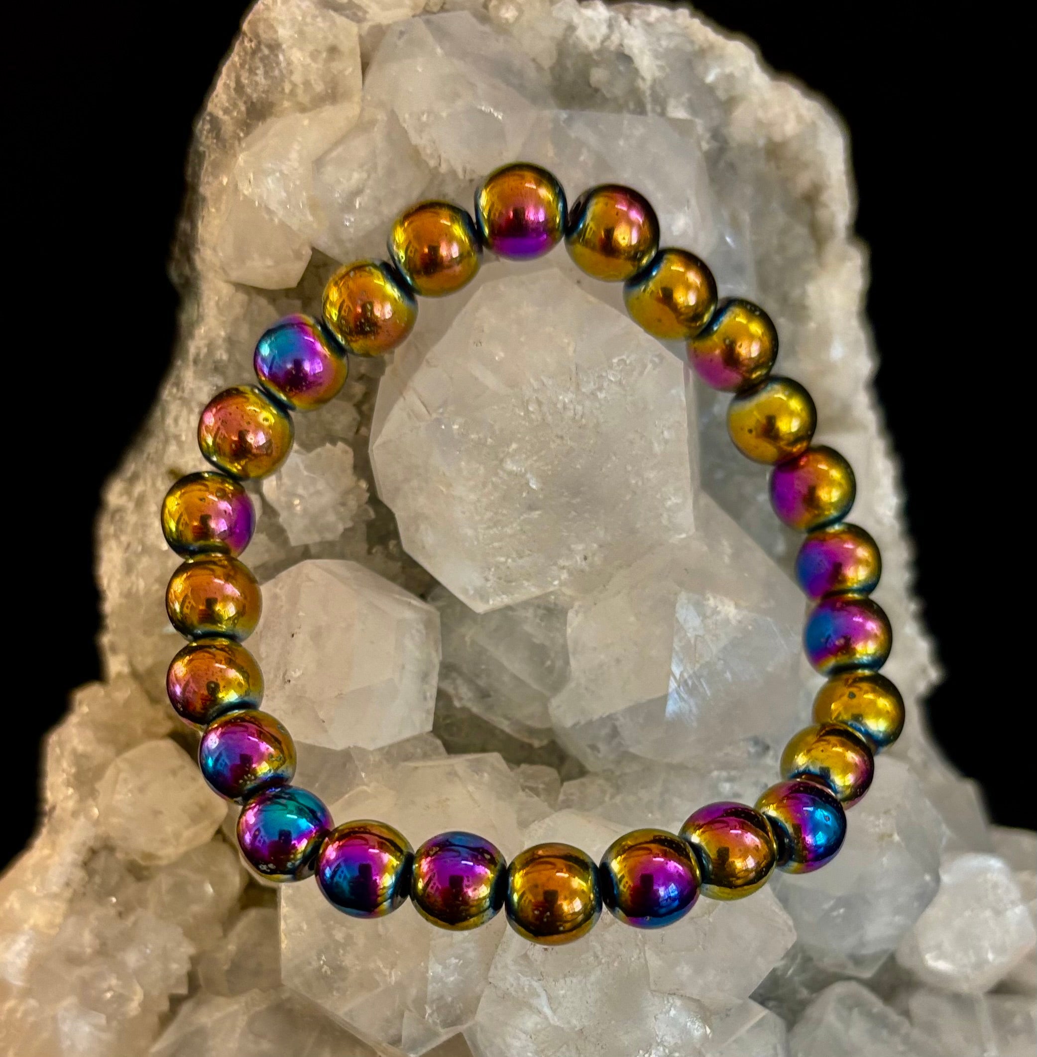 Rainbow Hematite Round Beaded Bracelet – LGBTQ Pride & Strength for Medium or Large Wrists | | Wiccan Center
