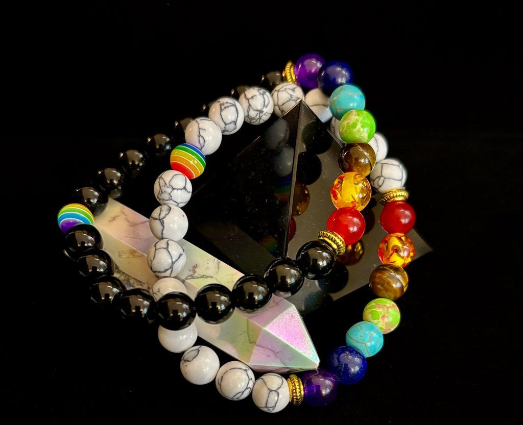 🌈 Faux Stone Chakra Bracelets with LGBTQ Pride Bead – White, Black, or Lava Rock | | Wiccan Center