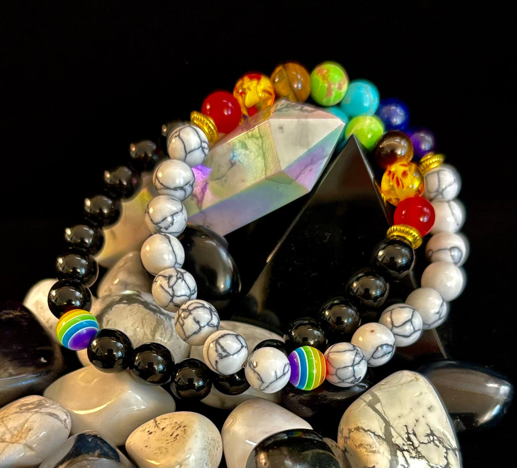 🌈 Faux Stone Chakra Bracelets with LGBTQ Pride Bead – White, Black, or Lava Rock | | Wiccan Center