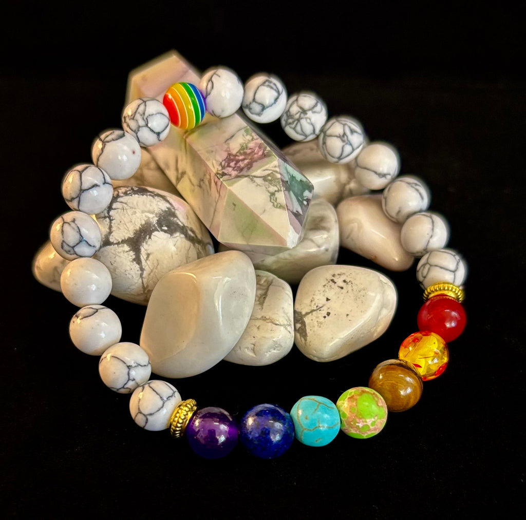 🌈 Faux Stone Chakra Bracelets with LGBTQ Pride Bead – White, Black, or Lava Rock | | Wiccan Center