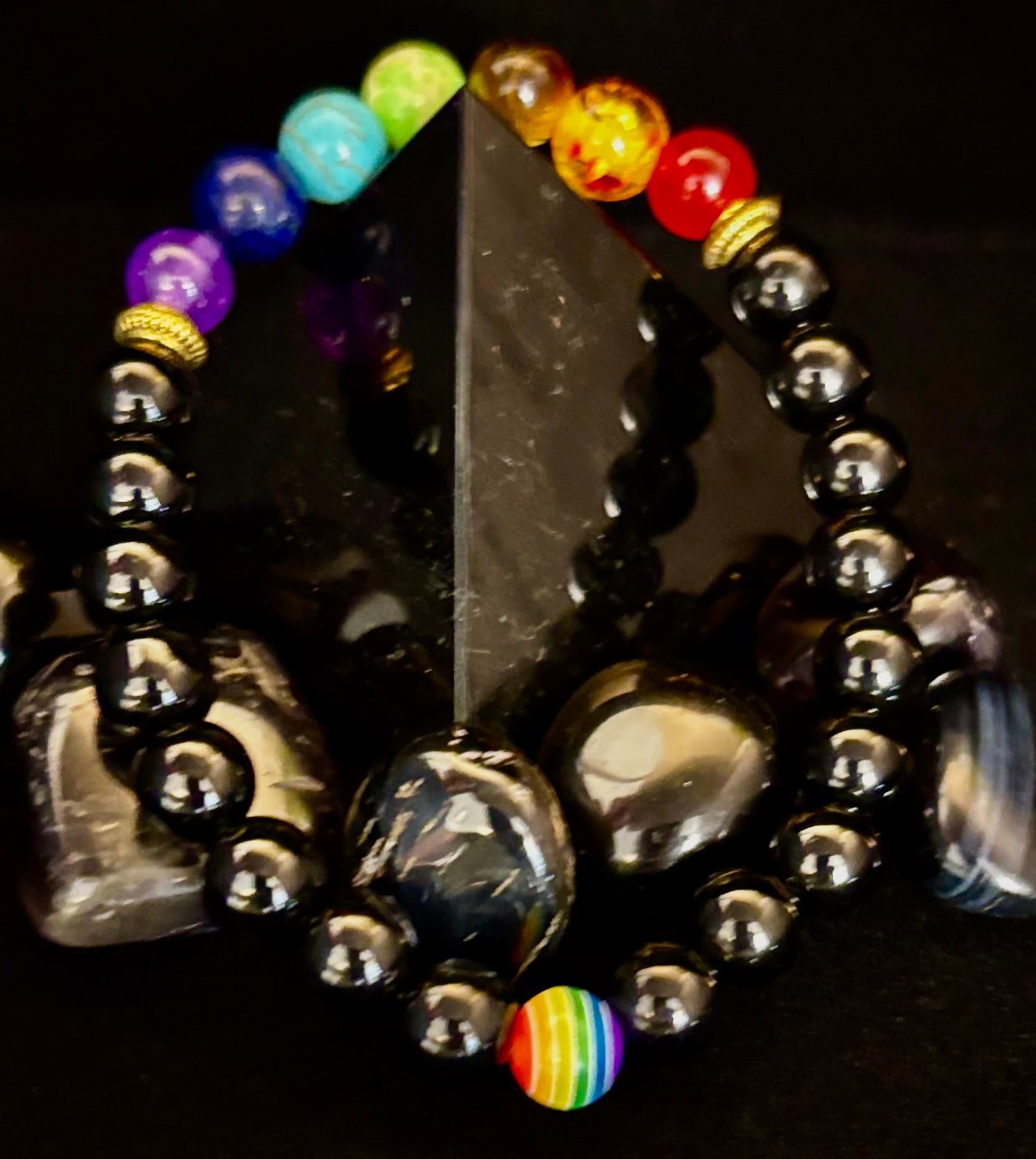 🌈 Faux Stone Chakra Bracelets with LGBTQ Pride Bead – White, Black, or Lava Rock | | Wiccan Center
