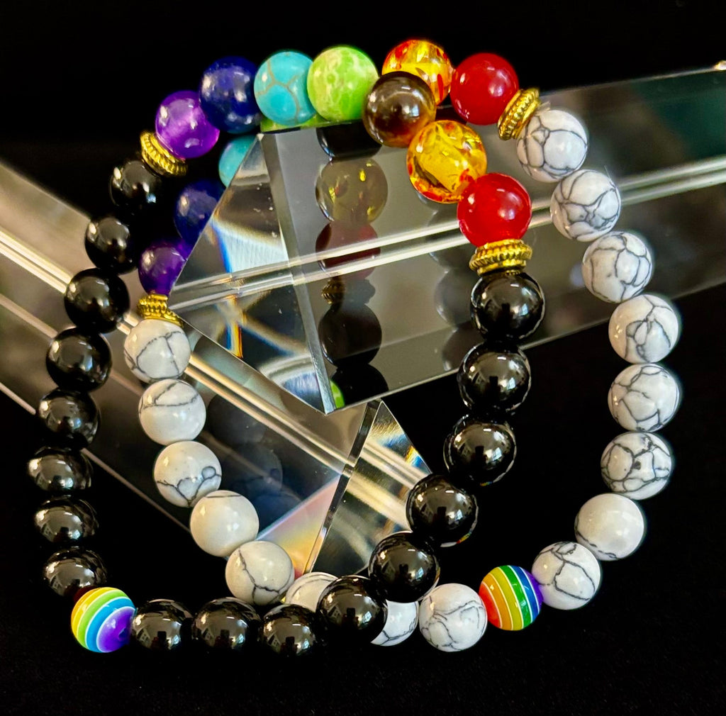 🌈 Faux Stone Chakra Bracelets with LGBTQ Pride Bead – White, Black, or Lava Rock | | Wiccan Center