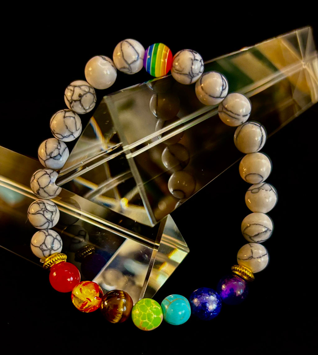 🌈 Faux Stone Chakra Bracelets with LGBTQ Pride Bead – White, Black, or Lava Rock | | Wiccan Center