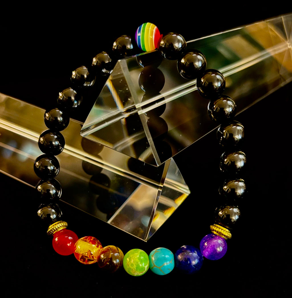 🌈 Faux Stone Chakra Bracelets with LGBTQ Pride Bead – White, Black, or Lava Rock | | Wiccan Center