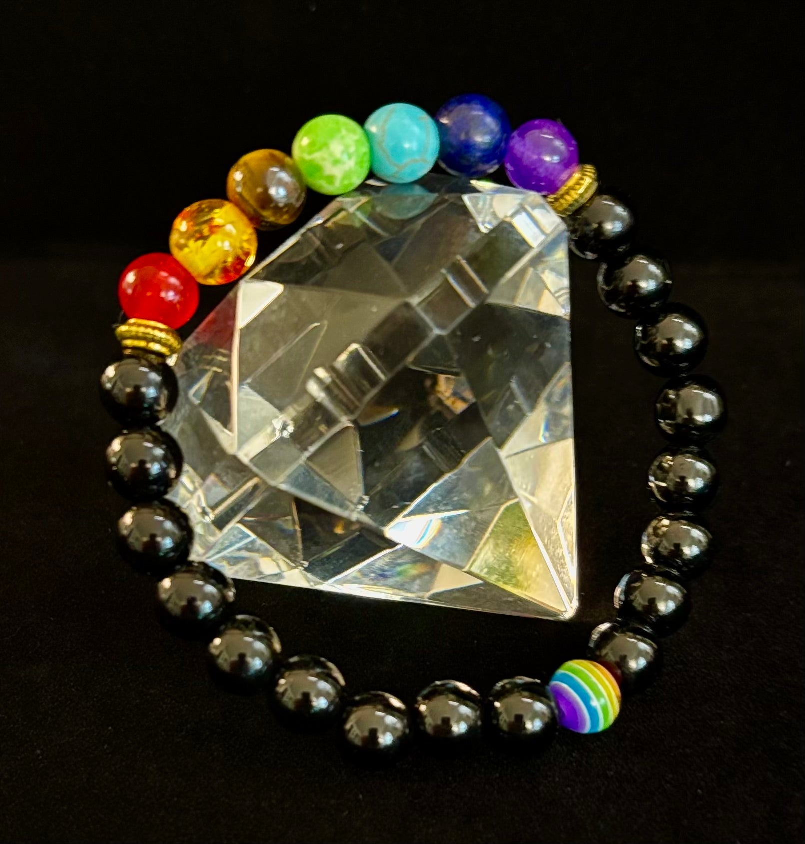 🌈 Faux Stone Chakra Bracelets with LGBTQ Pride Bead – White, Black, or Lava Rock | | Wiccan Center