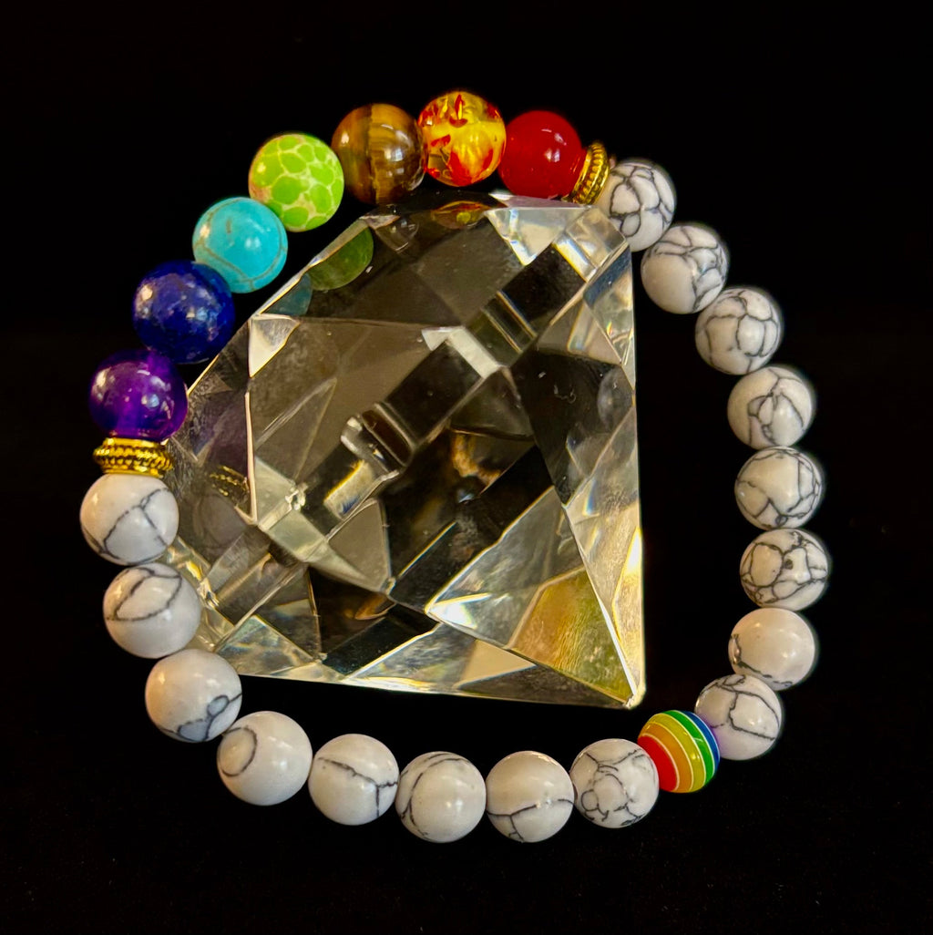 🌈 Faux Stone Chakra Bracelets with LGBTQ Pride Bead – White, Black, or Lava Rock | | Wiccan Center