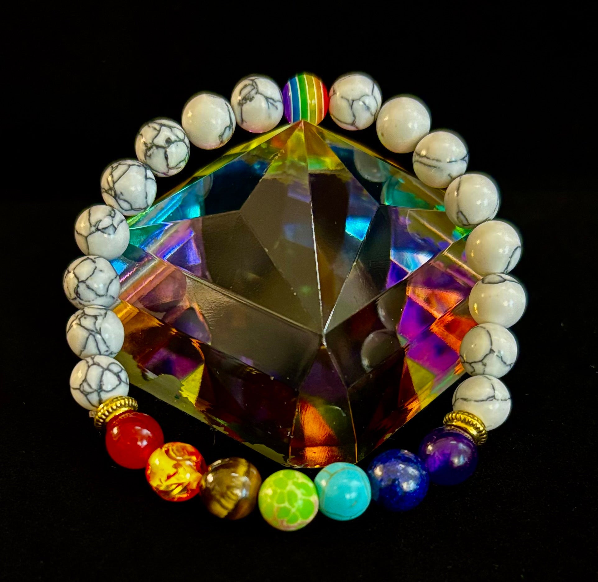 🌈 Faux Stone Chakra Bracelets with LGBTQ Pride Bead – White, Black, or Lava Rock | | Wiccan Center