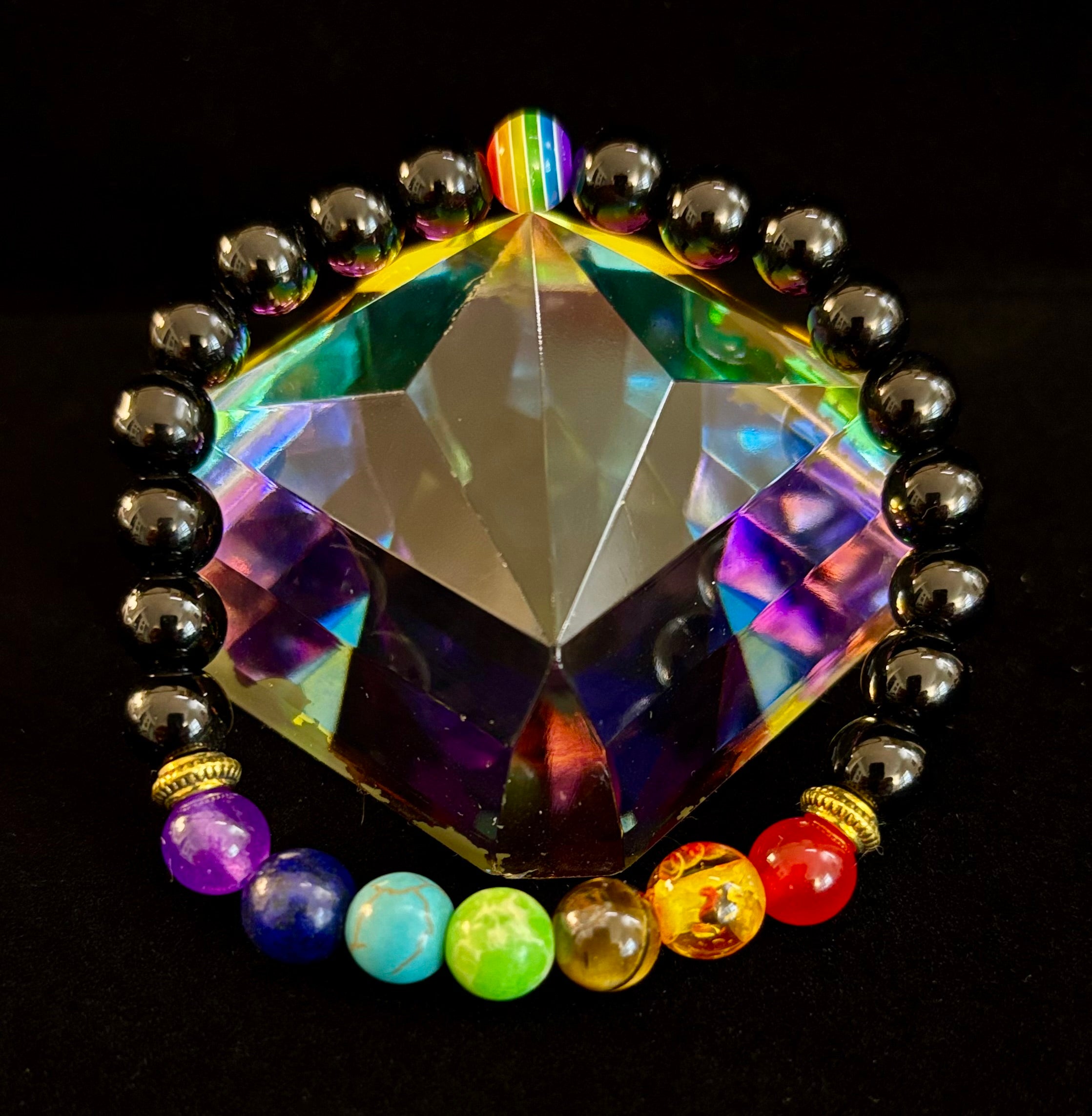 🌈 Faux Stone Chakra Bracelets with LGBTQ Pride Bead – White, Black, or Lava Rock | | Wiccan Center