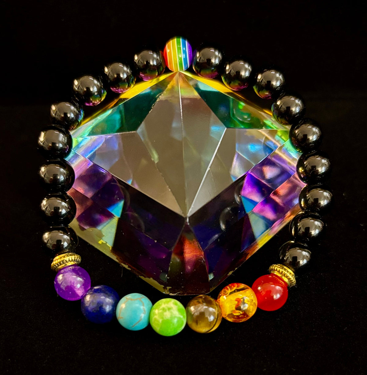 🌈 Faux Stone Chakra Bracelets with LGBTQ Pride Bead – White, Black, or Lava Rock | | Wiccan Center