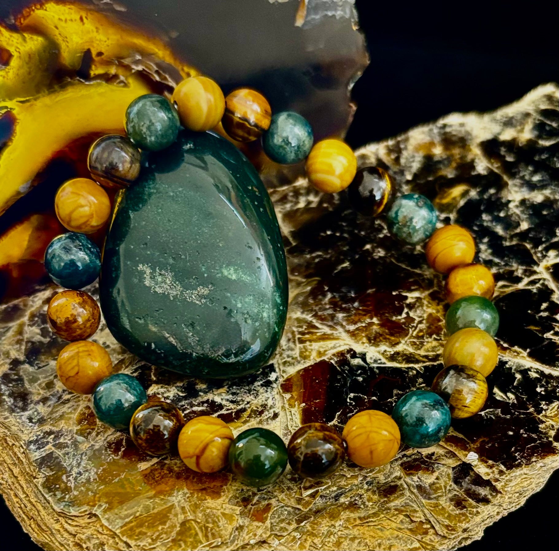 Moss Agate, Yellow Tiger Eye & Wood Jasper Bracelet – 8mm Beads for Large Wrists | | Wiccan Center