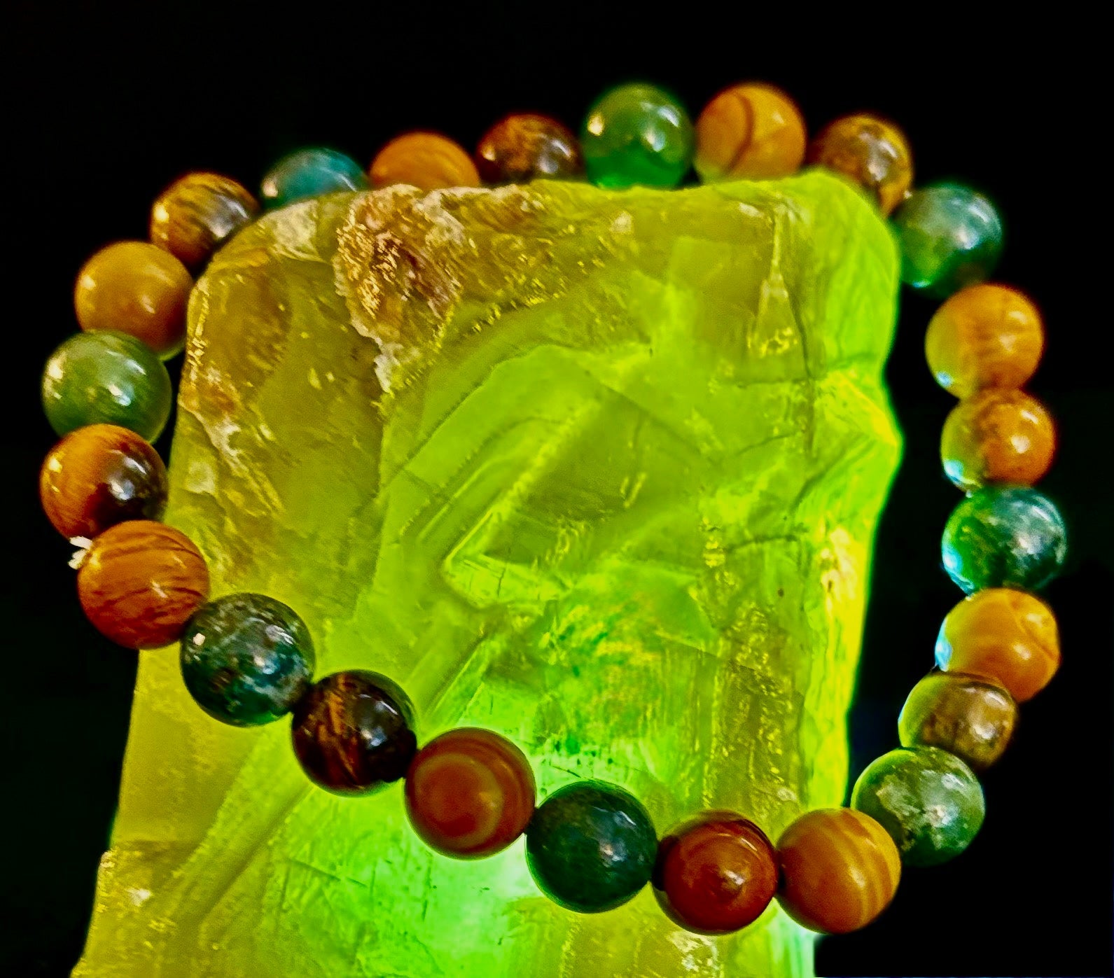 Moss Agate, Yellow Tiger Eye & Wood Jasper Bracelet – 8mm Beads for Large Wrists | | Wiccan Center