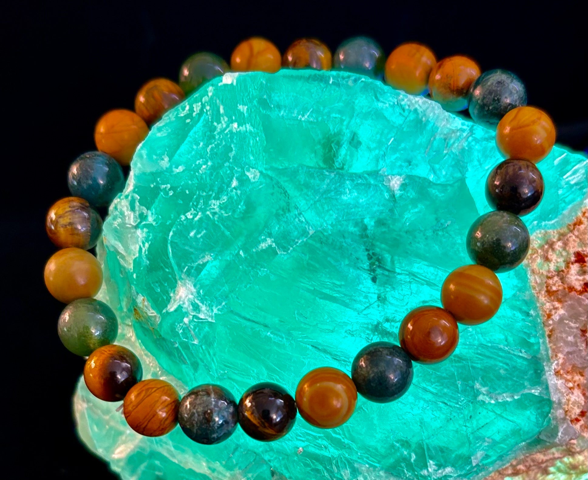 Moss Agate, Yellow Tiger Eye & Wood Jasper Bracelet – 8mm Beads for Large Wrists | | Wiccan Center