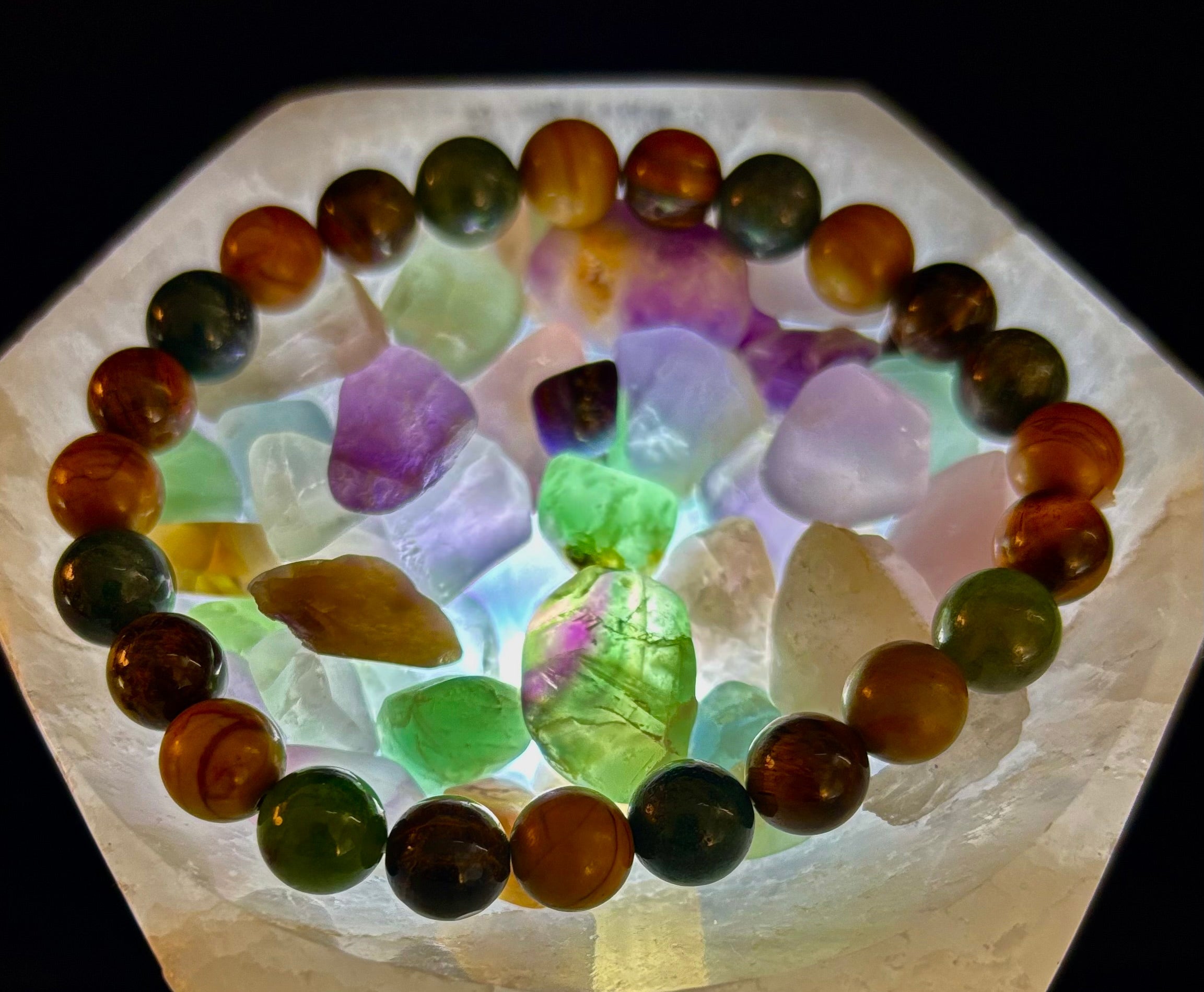 Moss Agate, Yellow Tiger Eye & Wood Jasper Bracelet – 8mm Beads for Large Wrists | | Wiccan Center