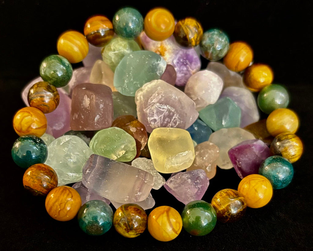 Moss Agate, Yellow Tiger Eye & Wood Jasper Bracelet – 8mm Beads for Large Wrists | | Wiccan Center