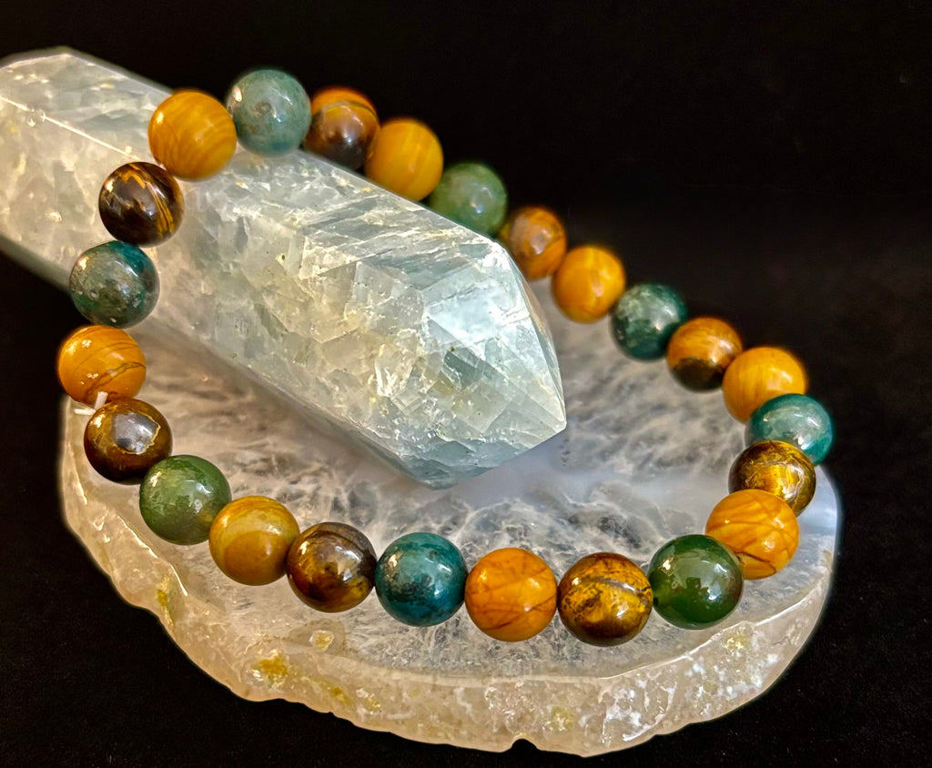 Moss Agate, Yellow Tiger Eye & Wood Jasper Bracelet – 8mm Beads for Large Wrists | | Wiccan Center