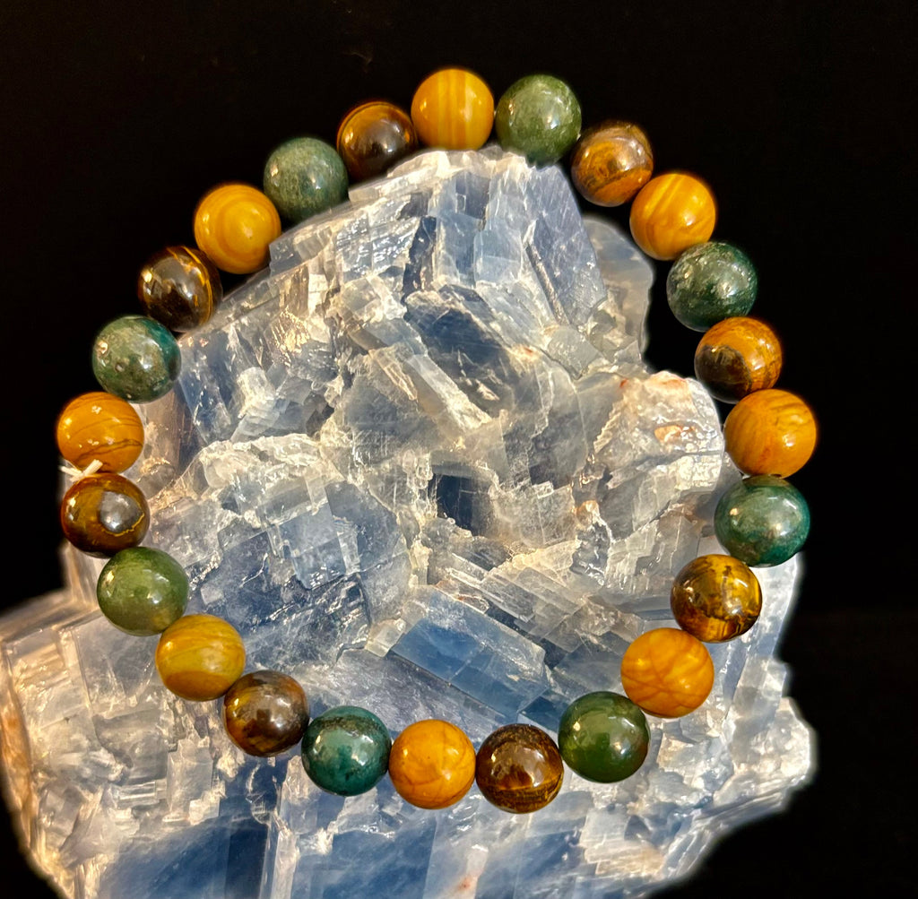 Moss Agate, Yellow Tiger Eye & Wood Jasper Bracelet – 8mm Beads for Large Wrists | | Wiccan Center