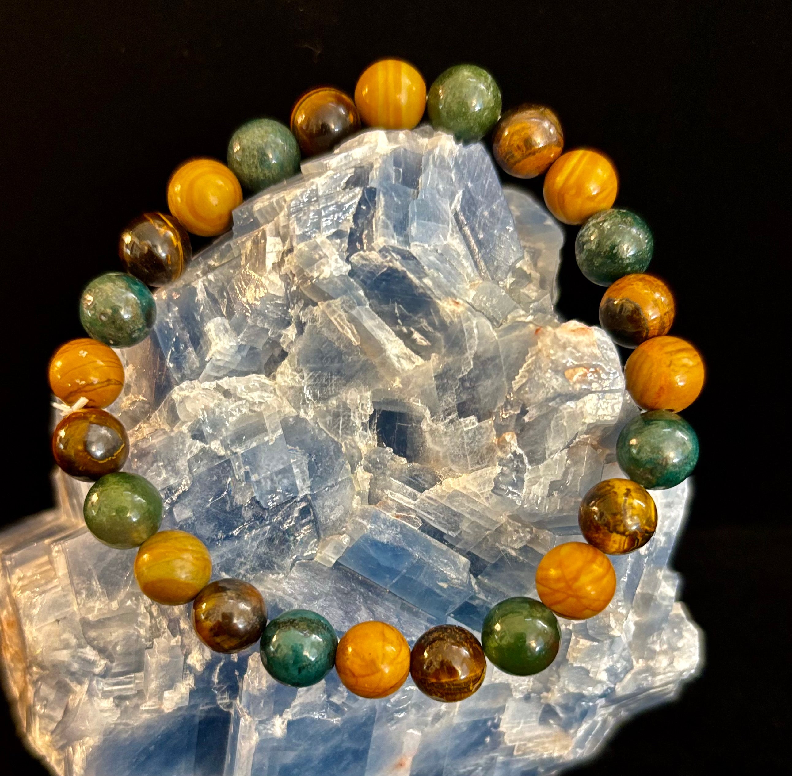 Moss Agate, Yellow Tiger Eye & Wood Jasper Bracelet – 8mm Beads for Large Wrists | | Wiccan Center