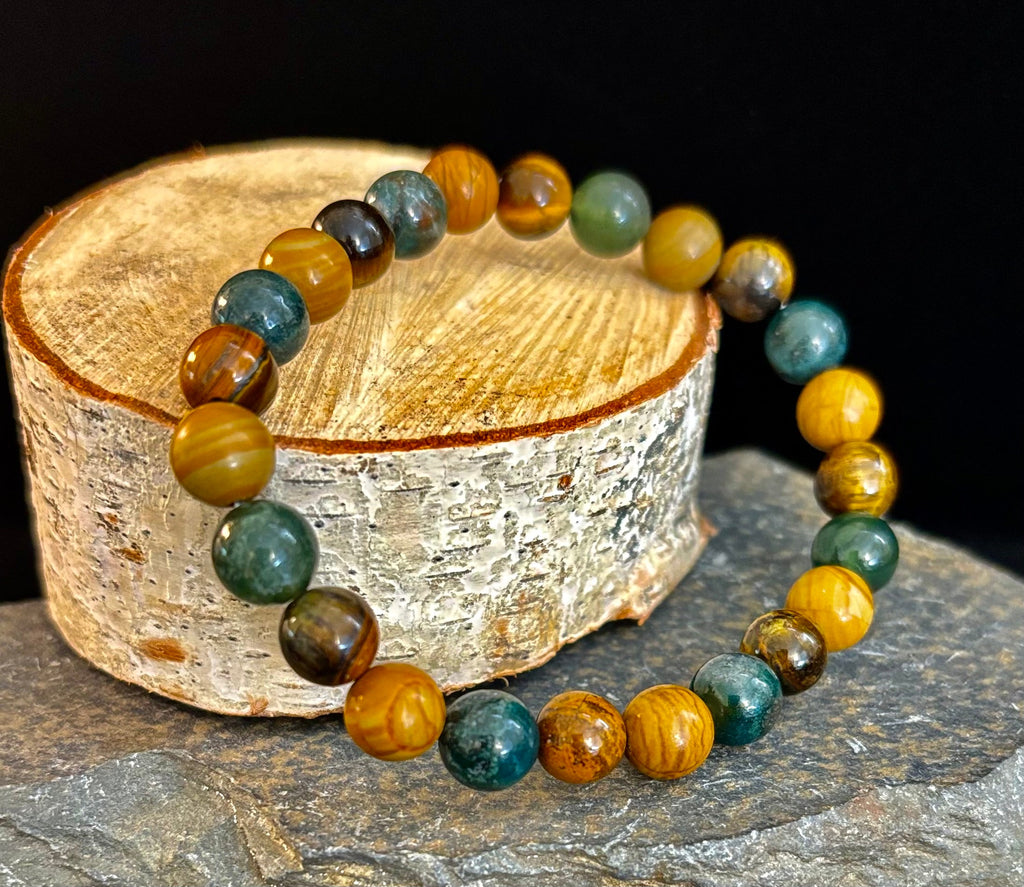 Moss Agate, Yellow Tiger Eye & Wood Jasper Bracelet – 8mm Beads for Large Wrists | | Wiccan Center