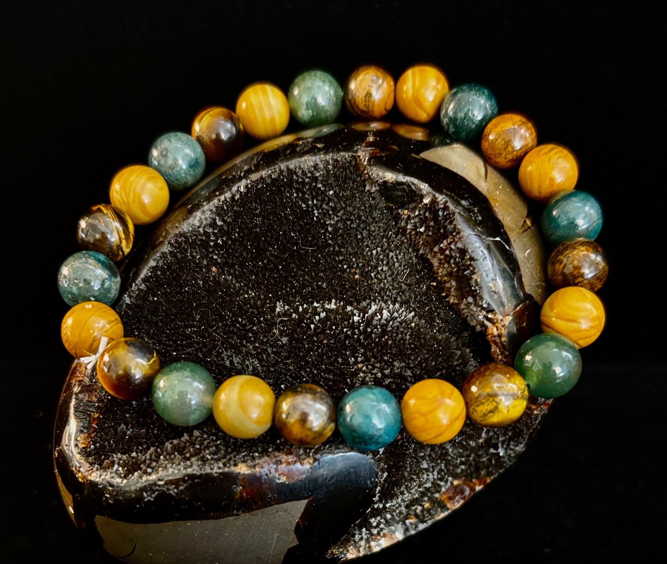 Moss Agate, Yellow Tiger Eye & Wood Jasper Bracelet – 8mm Beads for Large Wrists | | Wiccan Center