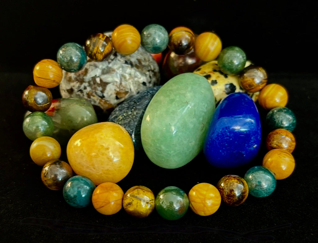Moss Agate, Yellow Tiger Eye & Wood Jasper Bracelet – 8mm Beads for Large Wrists | | Wiccan Center